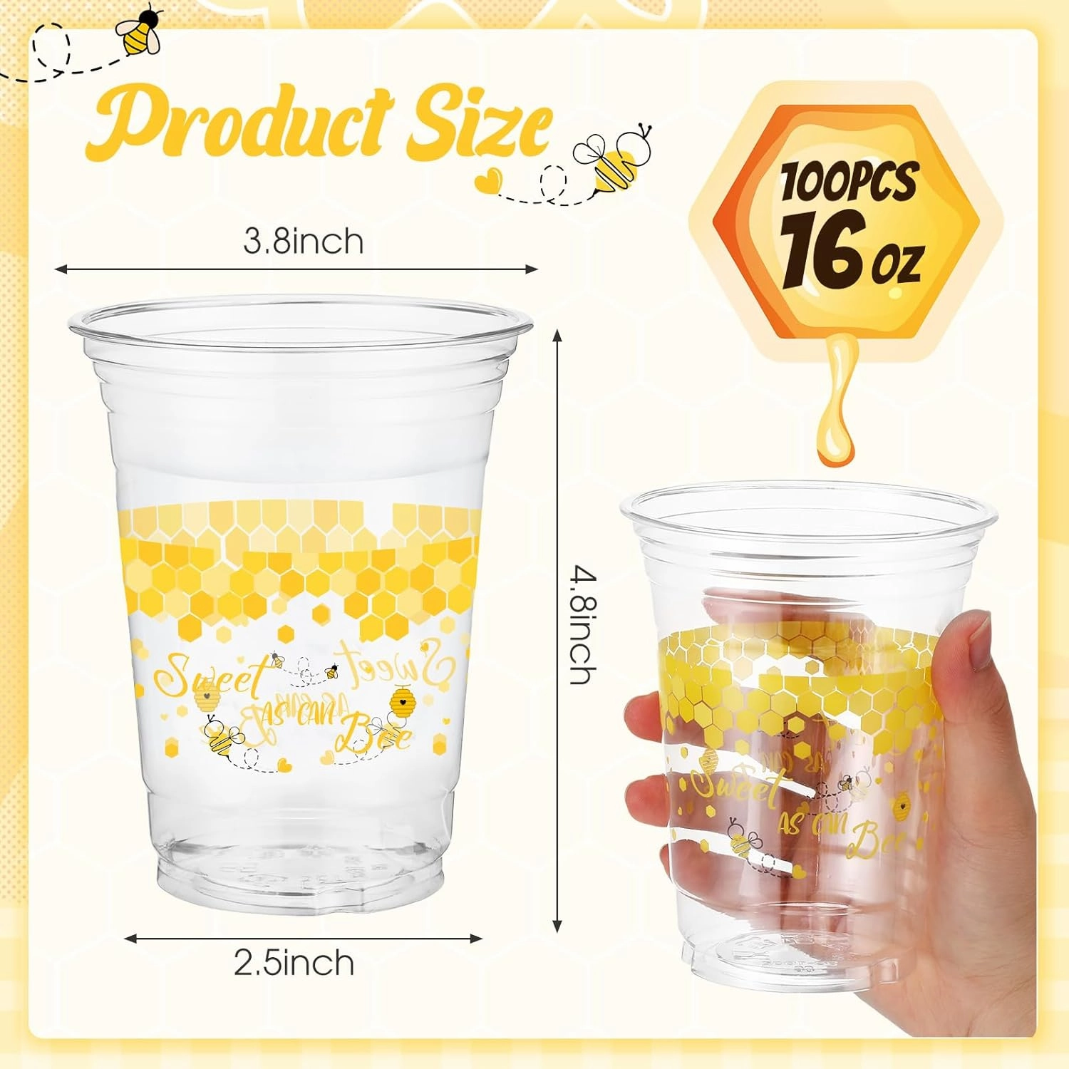 100 Pcs Bee Party Plastic Cups 16 oz Disposable Clear Honey Bee Cups Bulk Cute Drinkware for Baby Shower Birthday Party Supplies Decoration Beverage Snacks