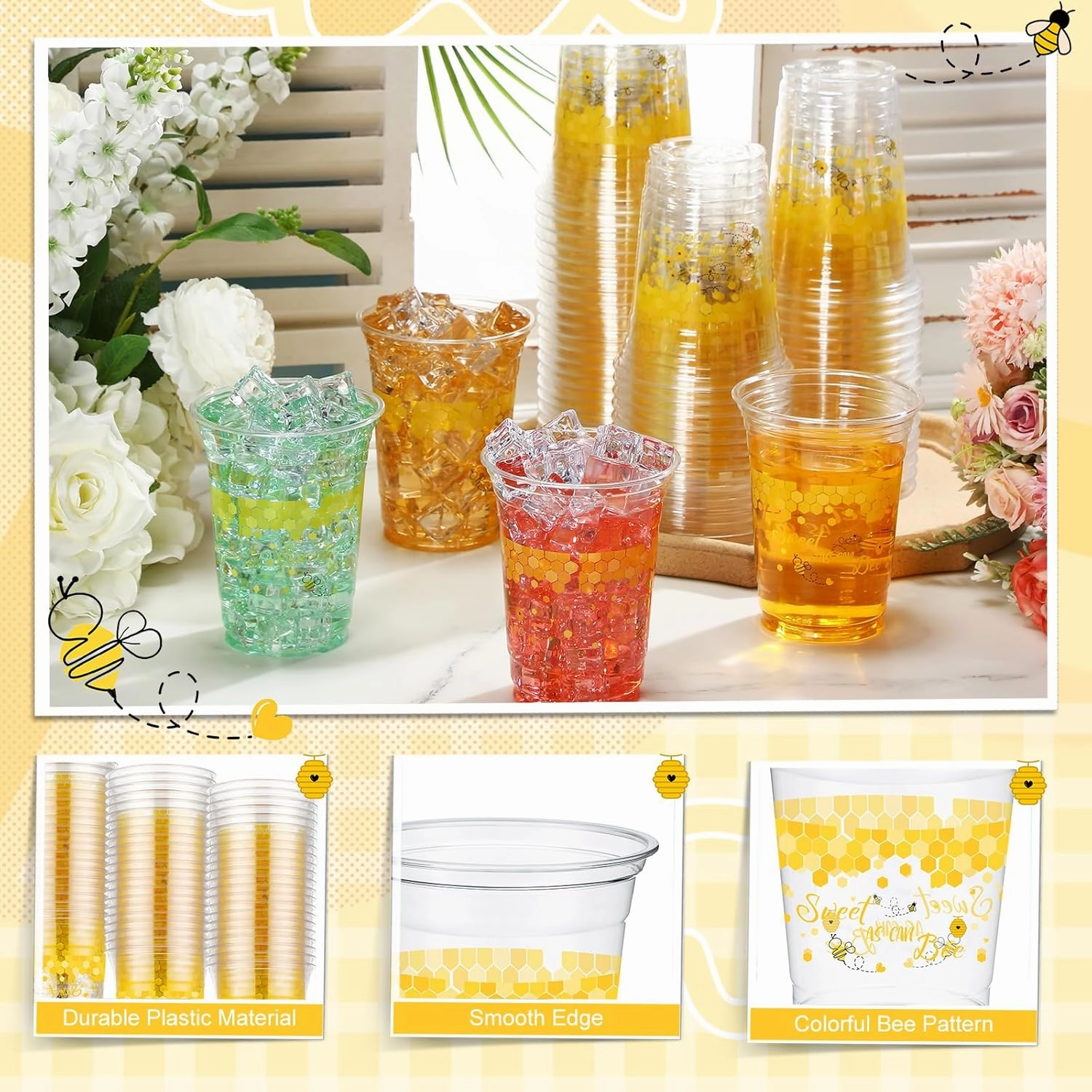 100 Pcs Bee Party Plastic Cups 16 oz Disposable Clear Honey Bee Cups Bulk Cute Drinkware for Baby Shower Birthday Party Supplies Decoration Beverage Snacks