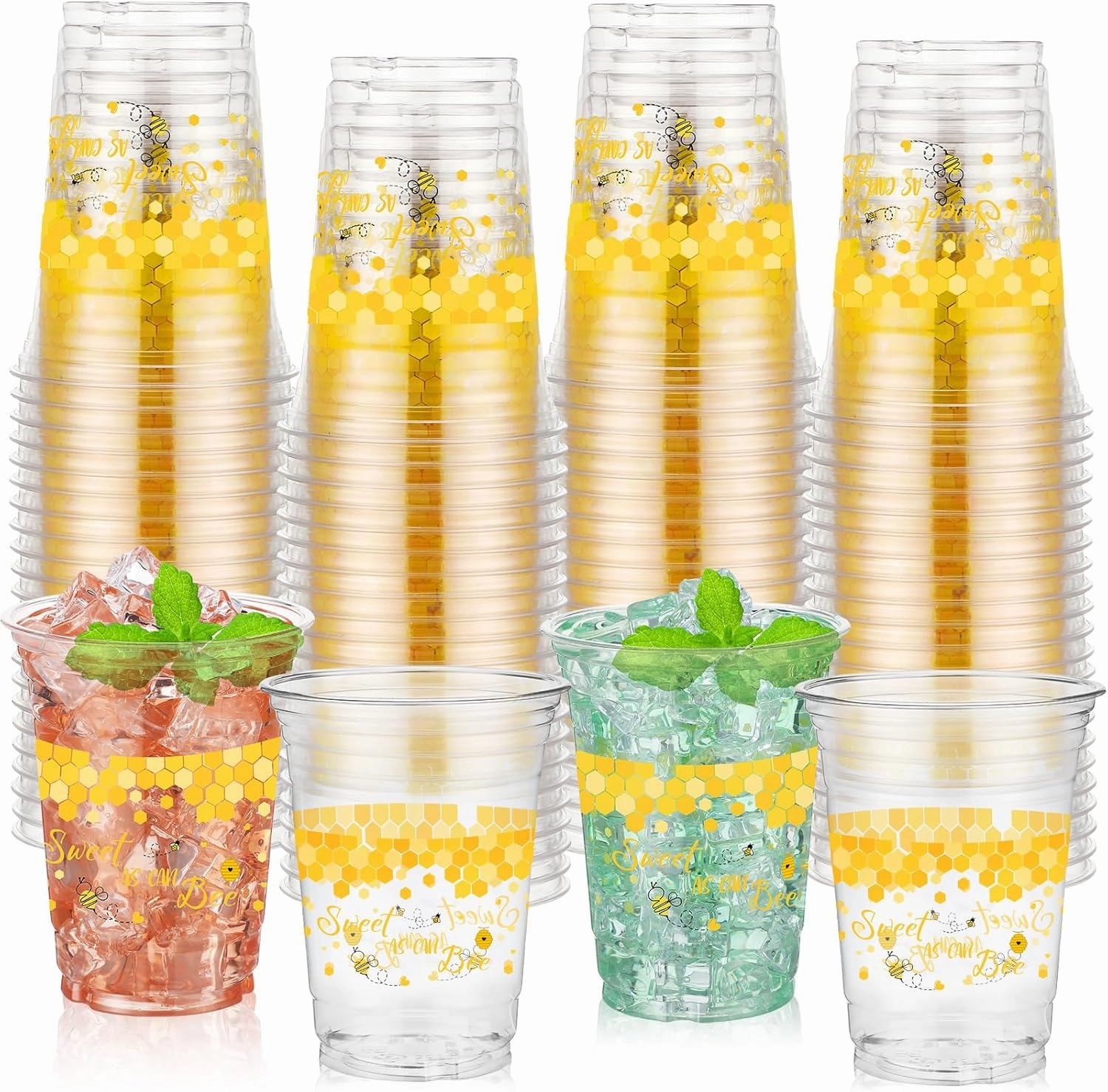 100 Pcs Bee Party Plastic Cups 16 oz Disposable Clear Honey Bee Cups Bulk Cute Drinkware for Baby Shower Birthday Party Supplies Decoration Beverage Snacks