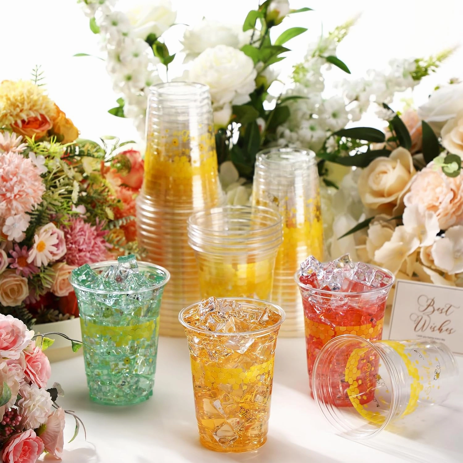 100 Pcs Bee Party Plastic Cups 16 oz Disposable Clear Honey Bee Cups Bulk Cute Drinkware for Baby Shower Birthday Party Supplies Decoration Beverage Snacks