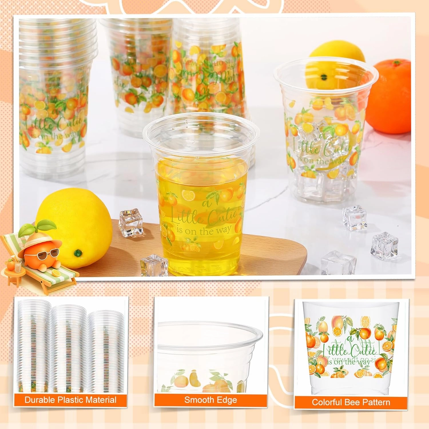 100 Pcs Little Cutie Baby Shower Cups Decoration 16 oz Clear Disposable Orange Party Cups Bulk Cute Fruit Citrus Plastic Glasses for Little Cutie Birthday Gender Reveal Party Supplies