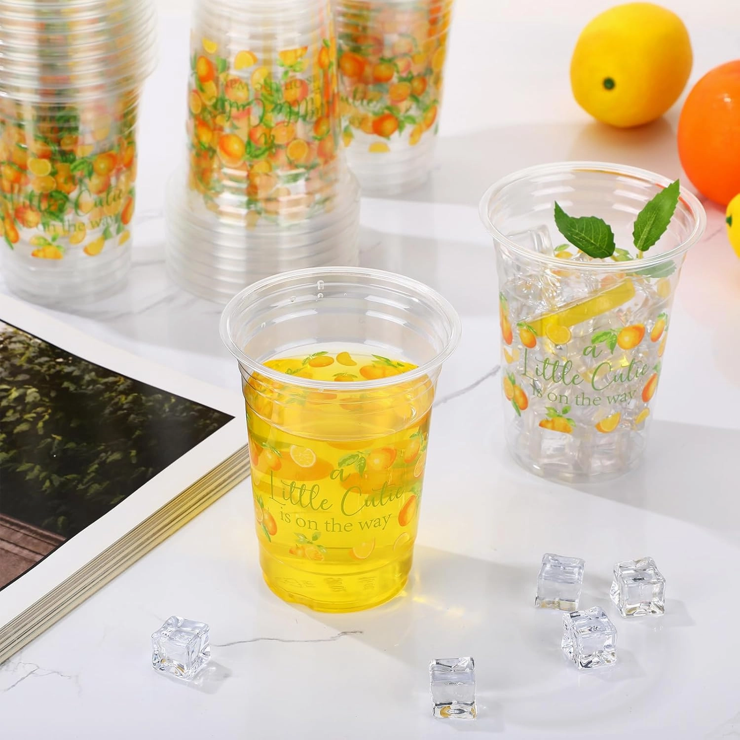 100 Pcs Little Cutie Baby Shower Cups Decoration 16 oz Clear Disposable Orange Party Cups Bulk Cute Fruit Citrus Plastic Glasses for Little Cutie Birthday Gender Reveal Party Supplies