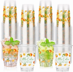 100 Pcs Little Cutie Baby Shower Cups Decoration 16 oz Clear Disposable Orange Party Cups Bulk Cute Fruit Citrus Plastic Glasses for Little Cutie Birthday Gender Reveal Party Supplies