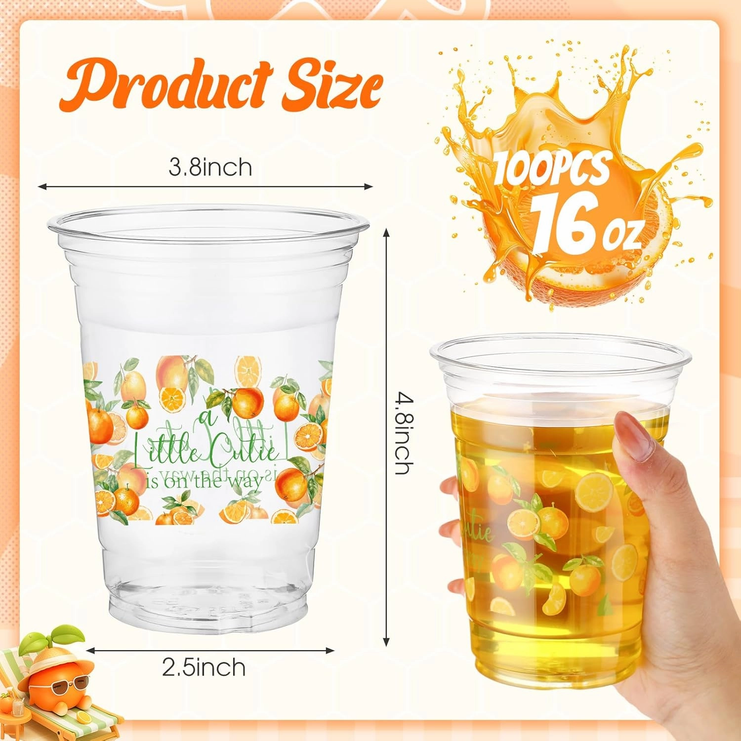 100 Pcs Little Cutie Baby Shower Cups Decoration 16 oz Clear Disposable Orange Party Cups Bulk Cute Fruit Citrus Plastic Glasses for Little Cutie Birthday Gender Reveal Party Supplies