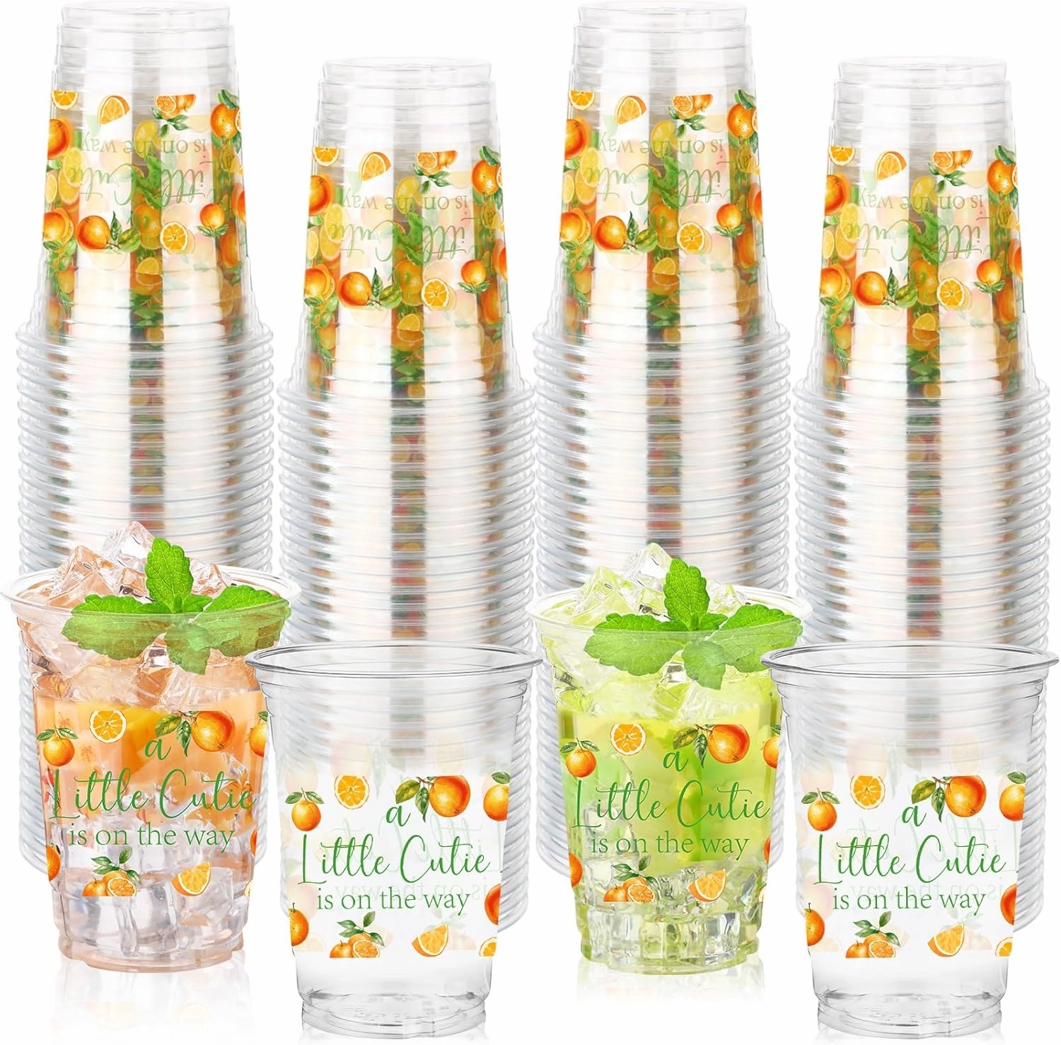 100 Pcs Little Cutie Baby Shower Cups Decoration 16 oz Clear Disposable Orange Party Cups Bulk Cute Fruit Citrus Plastic Glasses for Little Cutie Birthday Gender Reveal Party Supplies