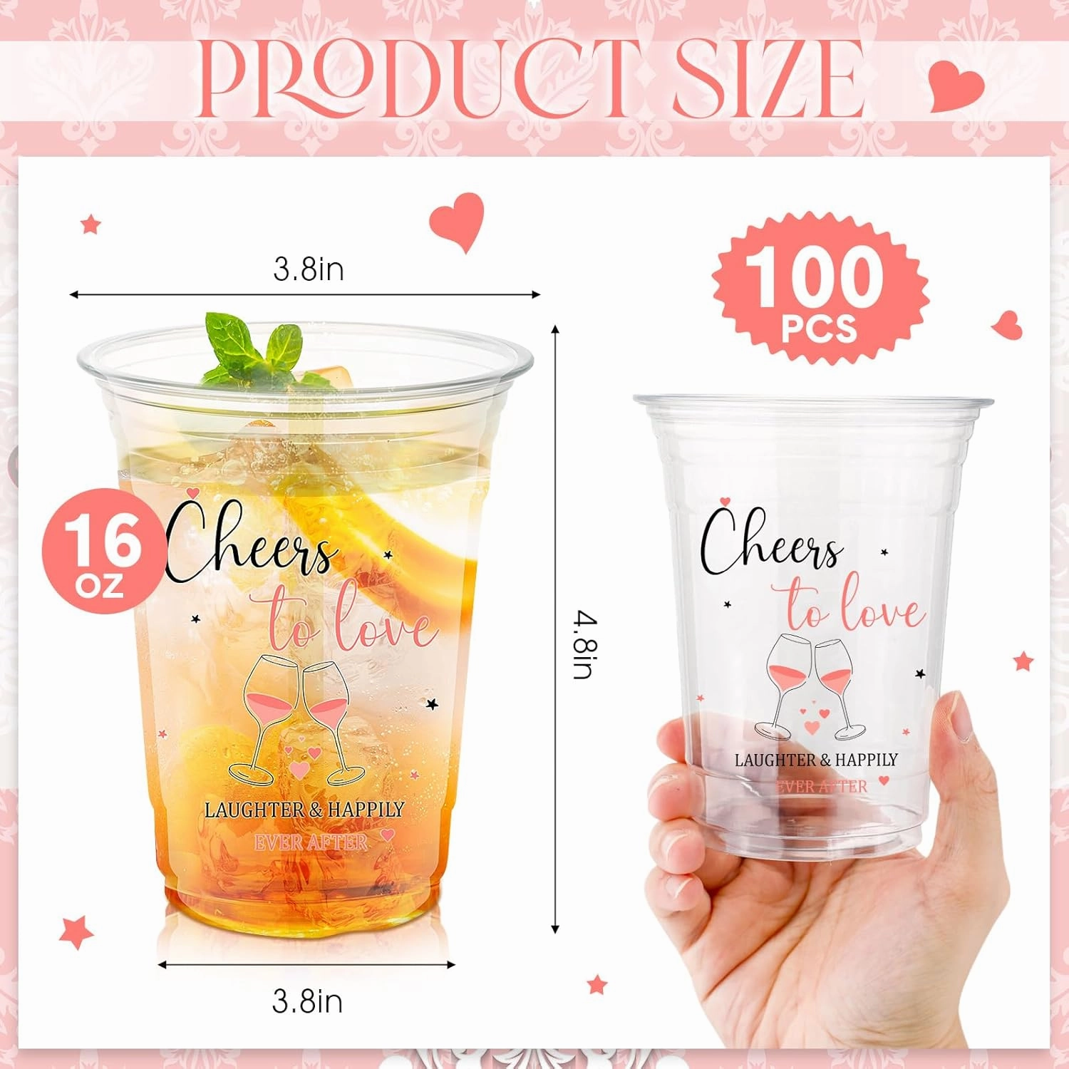 100 Pcs Plastic Wedding Cups 16 oz Cheers to Love Wedding Reception Cups Bulk Disposable Clear Plastic Drinking Glasses for Bridal Shower Engagement Bachelorette Party Supplies