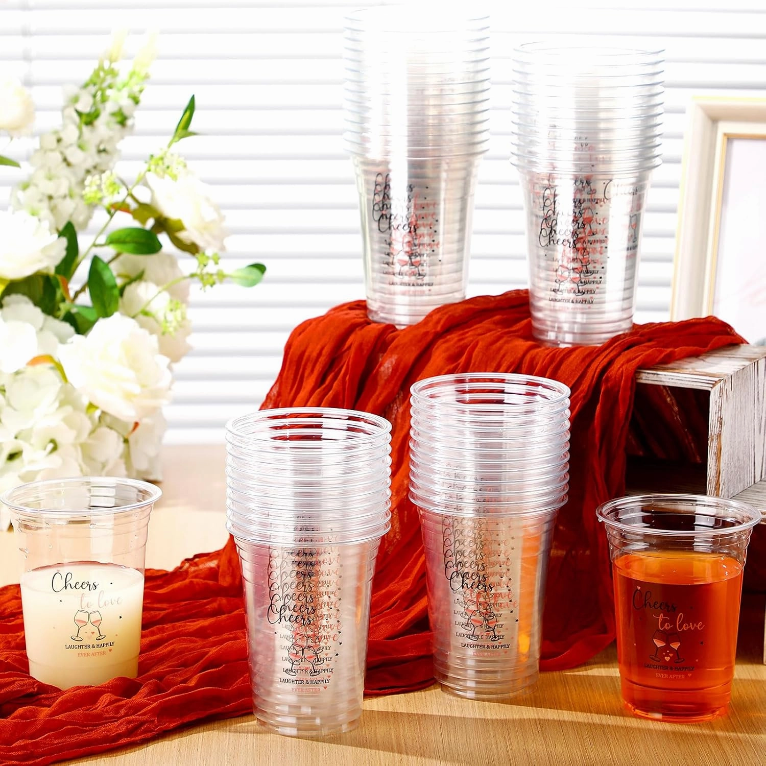 100 Pcs Plastic Wedding Cups 16 oz Cheers to Love Wedding Reception Cups Bulk Disposable Clear Plastic Drinking Glasses for Bridal Shower Engagement Bachelorette Party Supplies
