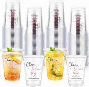 100 Pcs Plastic Wedding Cups 16 oz Cheers to Love Wedding Reception Cups Bulk Disposable Clear Plastic Drinking Glasses for Bridal Shower Engagement Bachelorette Party Supplies