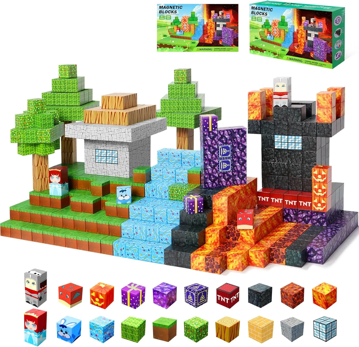 100PCS Magnetic Blocks-1inch -Adventure at Lava World Blocks Set - Magnetic Cubes Building Blocks Toys for Halloween Christmas Birthday Gift - STEM Sensory Toys for 3  Years Old Girl Boys