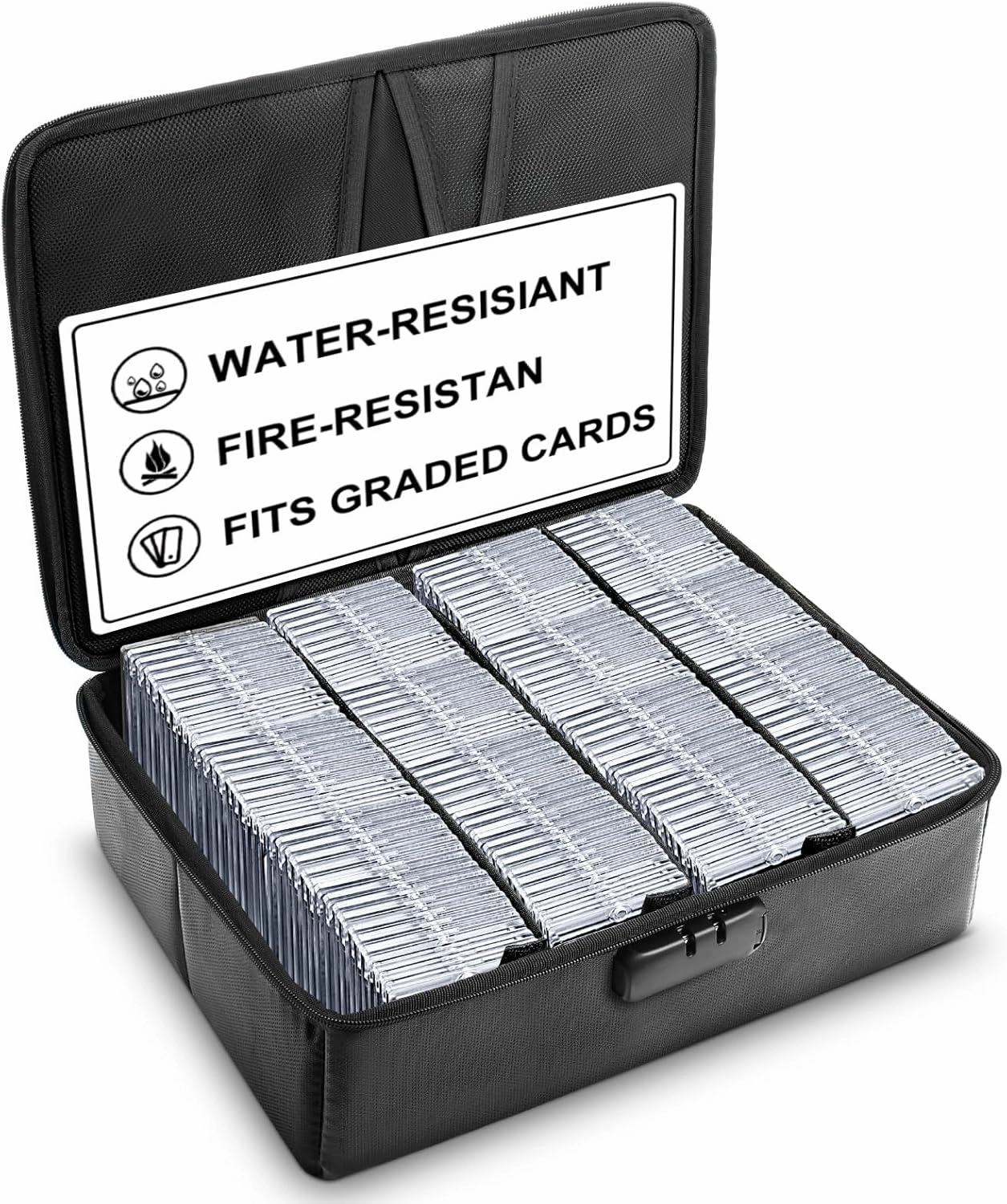 102  4 Row Graded Card Storage Box with Combination Lock, Waterproof and 5200°f Fireproof Sports Card Case Compatible with PSA, CSG, SGC, TCG