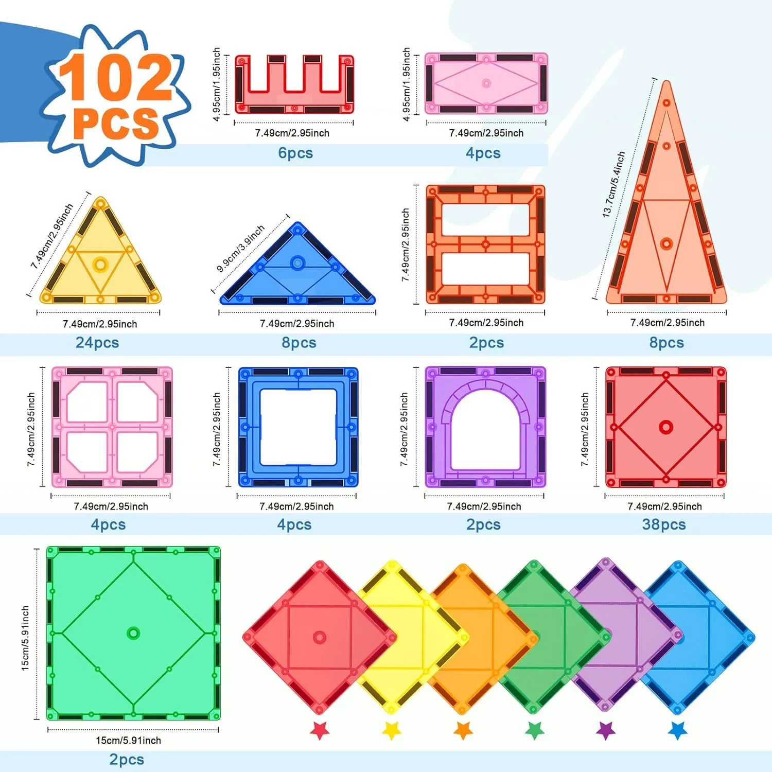 102PCS Magnetic Tiles Building Blocks Stem Toys for 3  Year Old Boys and Girls Montessori Toys Toddler Kids Gifts Parents Approved Sensory Toys