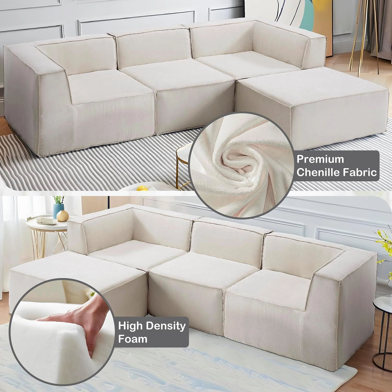106" 4-Piece Modular Sectional Sofa Convertible Cube Couch 2 3 4 Seat Set, L-Shape, Thick Foam No Assembly for Living Room (2xCorner 1xArmless 1xOttoman) Fabric Chenille Beige White