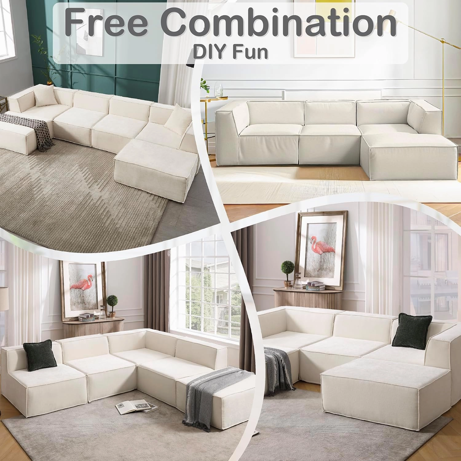 106" 4-Piece Modular Sectional Sofa Convertible Cube Couch 2 3 4 Seat Set, L-Shape, Thick Foam No Assembly for Living Room (2xCorner 1xArmless 1xOttoman) Fabric Chenille Beige White