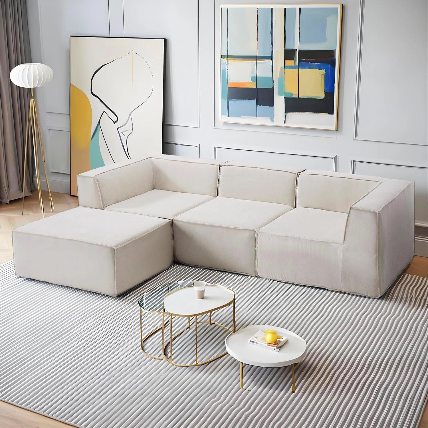 106" 4-Piece Modular Sectional Sofa Convertible Cube Couch 2 3 4 Seat Set, L-Shape, Thick Foam No Assembly for Living Room (2xCorner 1xArmless 1xOttoman) Fabric Chenille Beige White