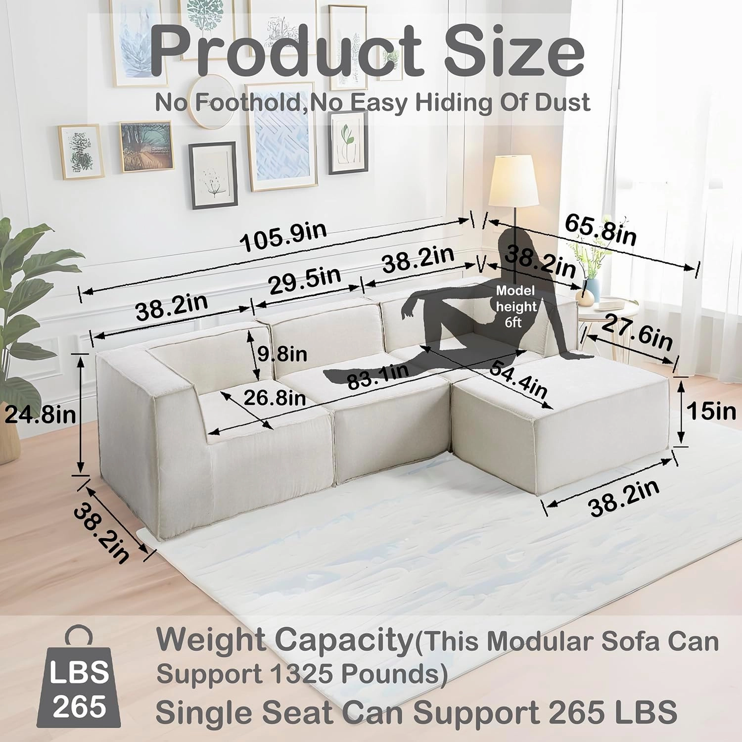 106" 4-Piece Modular Sectional Sofa Convertible Cube Couch 2 3 4 Seat Set, L-Shape, Thick Foam No Assembly for Living Room (2xCorner 1xArmless 1xOttoman) Fabric Chenille Beige White
