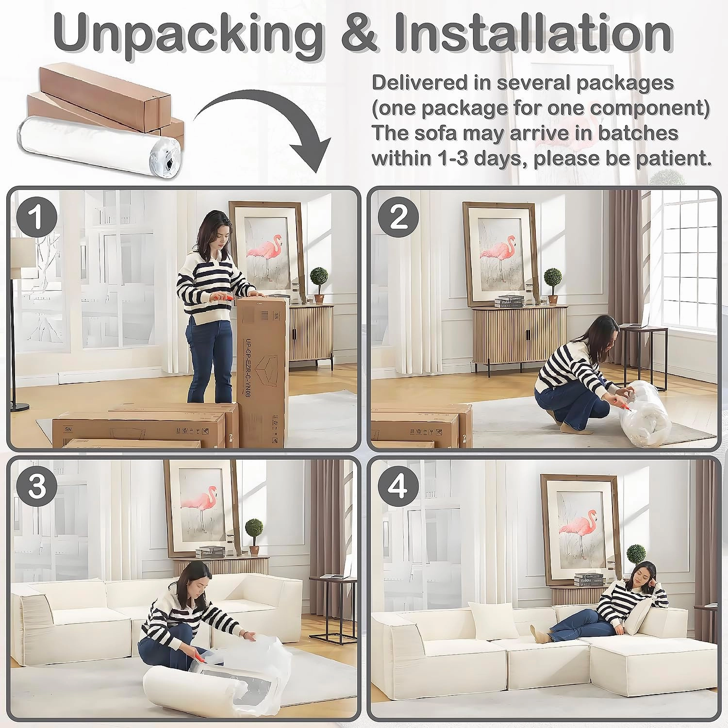 106" 4-Piece Modular Sectional Sofa Convertible Cube Couch 2 3 4 Seat Set, L-Shape, Thick Foam No Assembly for Living Room (2xCorner 1xArmless 1xOttoman) Fabric Chenille Beige White