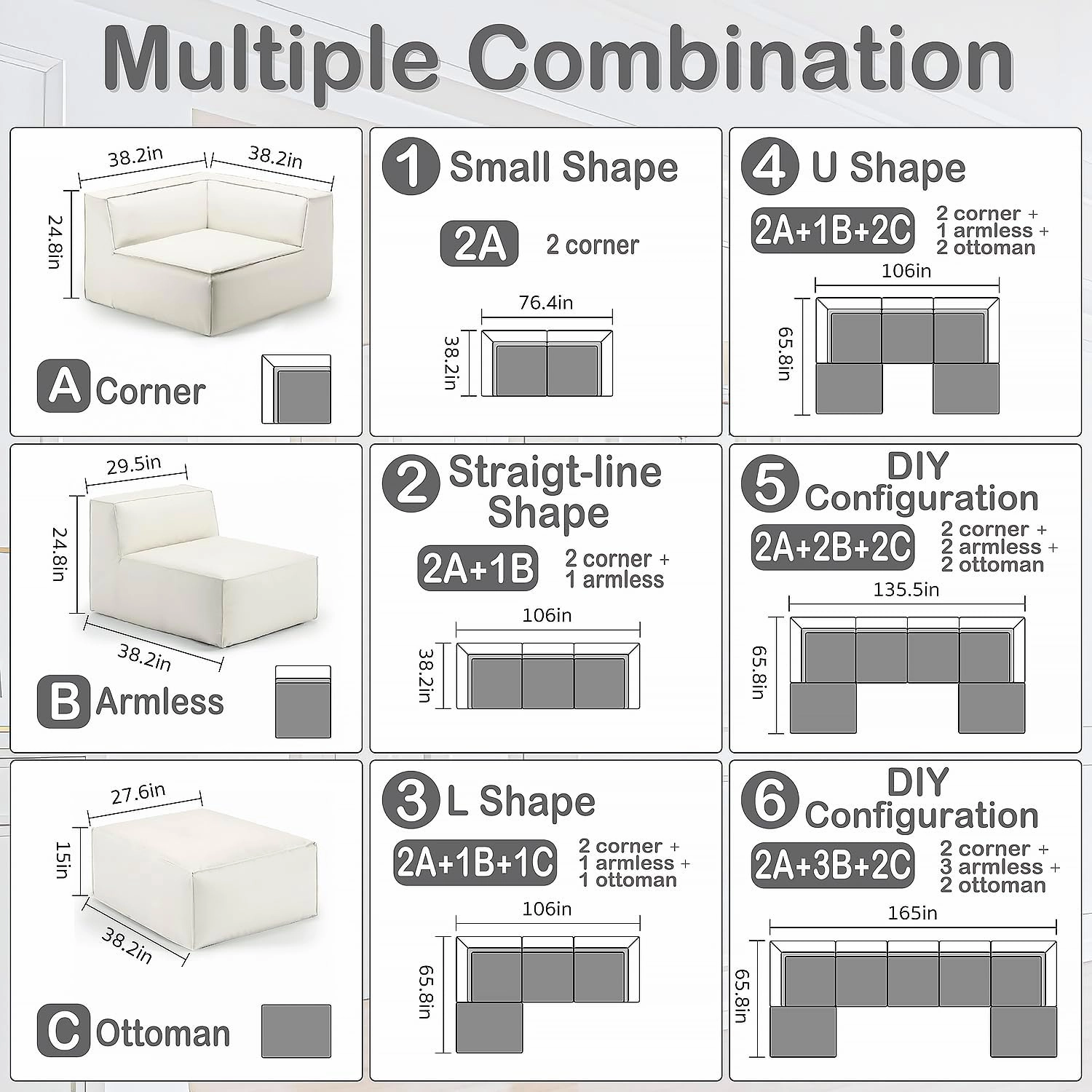 106" 4-Piece Modular Sectional Sofa Convertible Cube Couch 2 3 4 Seat Set, L-Shape, Thick Foam No Assembly for Living Room (2xCorner 1xArmless 1xOttoman) Fabric Chenille Beige White