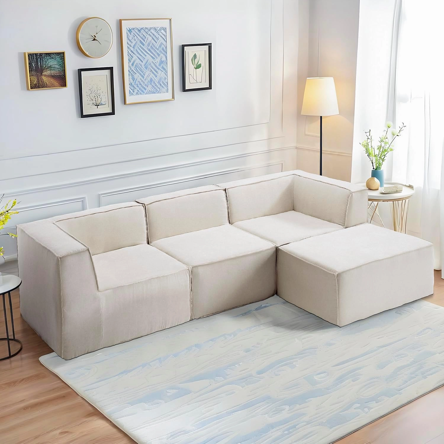 106" 4-Piece Modular Sectional Sofa Convertible Cube Couch 2 3 4 Seat Set, L-Shape, Thick Foam No Assembly for Living Room (2xCorner 1xArmless 1xOttoman) Fabric Chenille Beige White