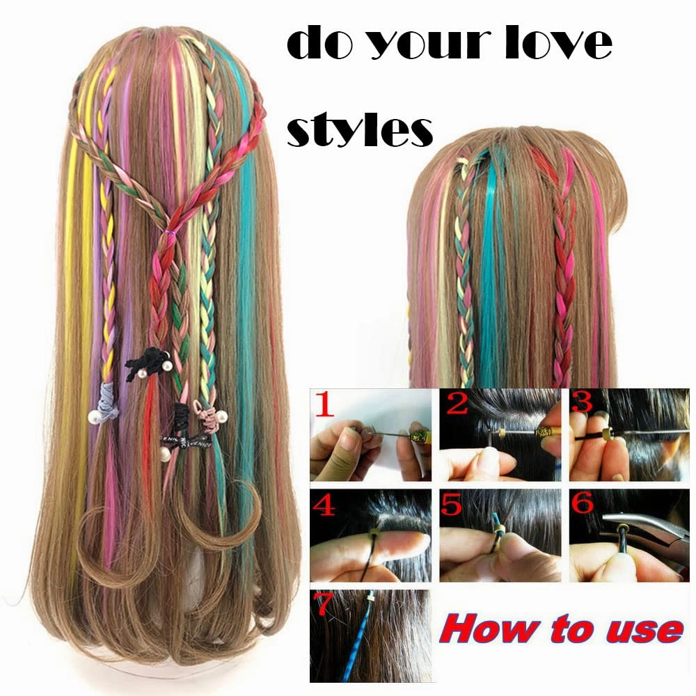 10 Strands/lot Highlights Hair Extensions, Colored I Tip Human Hair Extension For Women Girls With Tools (20INCH, Rose Pink)