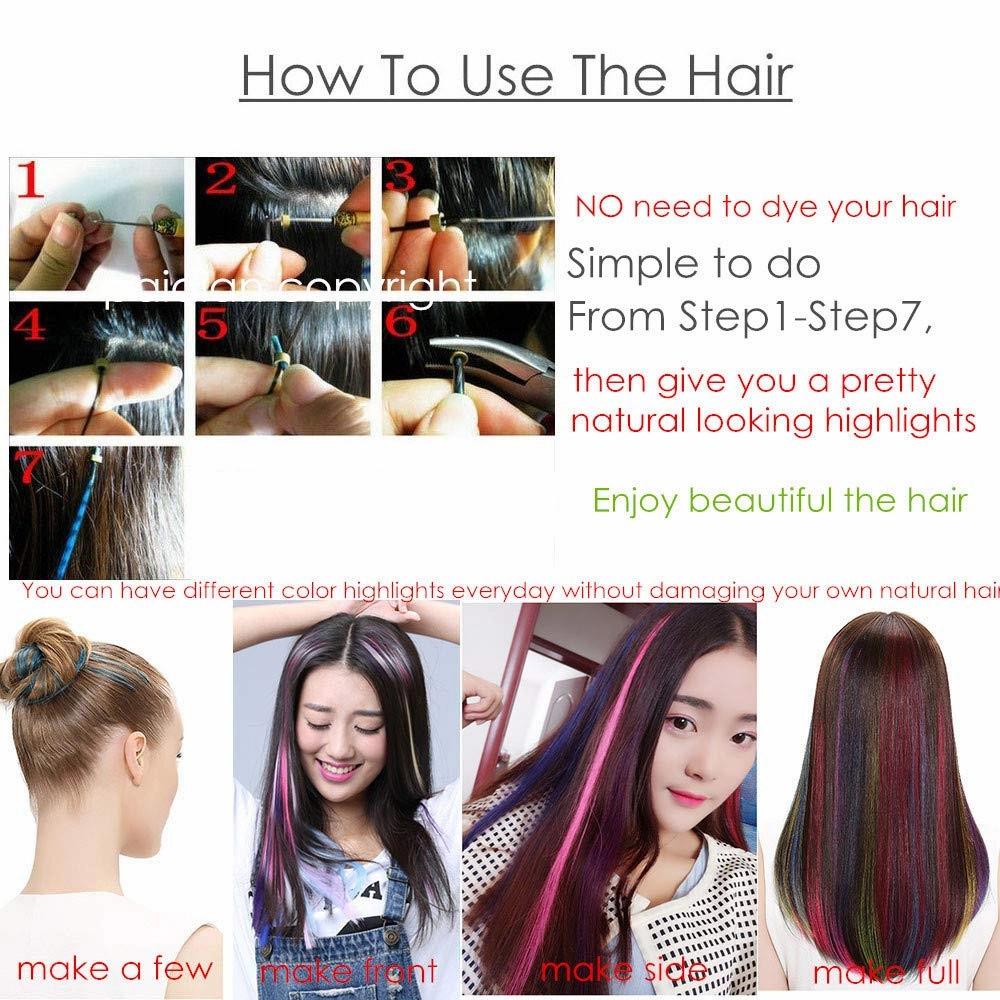 10 Strands/lot Highlights Hair Extensions, Colored I Tip Human Hair Extension For Women Girls With Tools (20INCH, Rose Pink)
