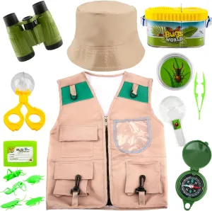 11 Pcs Kids Explorer Costume Set Child Safari Vest Hat with Explorer Safari Kit Props for Boys Girls Paleontologist Zoo Keeper Dress Up Camp Adventure Halloween Party Cosplay