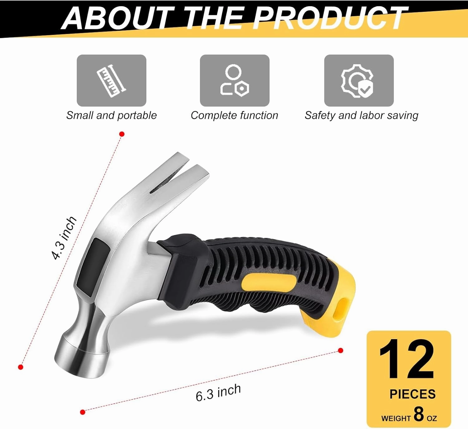 12 Pcs Stubby Claw Hammer, 8 Ounce Small Mini Stubby Hammer, Small Claw Hammers Lightweight Melt Hammers Tool for Home Repair, Building, Work, Crafts Handmade Outdoor Camping (Black-Yellow)