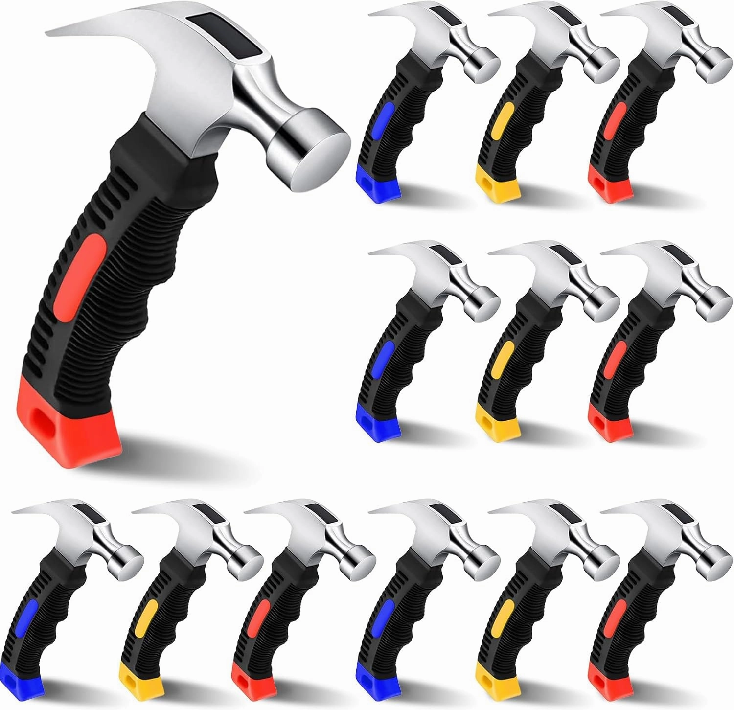 12 Pcs Stubby Claw Hammer, 8 Ounce Small Mini Stubby Hammer, Small Claw Hammers Lightweight Melt Hammers Tool for Home Repair, Building, Work, Crafts Handmade Outdoor Camping (Blue-Yellow-Red)