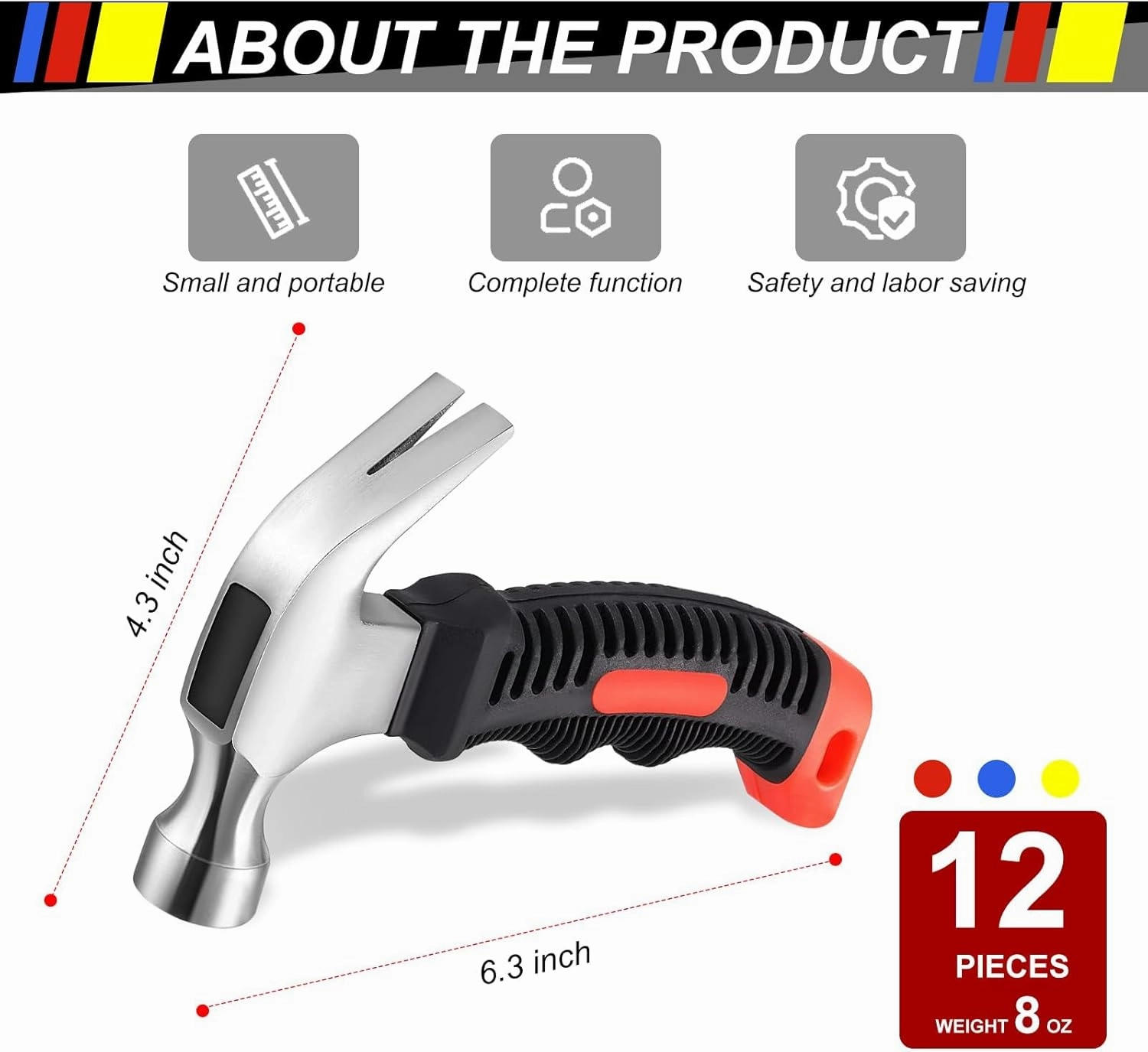 12 Pcs Stubby Claw Hammer, 8 Ounce Small Mini Stubby Hammer, Small Claw Hammers Lightweight Melt Hammers Tool for Home Repair, Building, Work, Crafts Handmade Outdoor Camping (Blue-Yellow-Red)