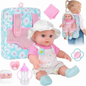 12" Girls Baby Doll Daisy Theme Backpack Carrier Playset,12 Inch Reborn Baby Dolls With Accessories And Clothes Set Toy Stuffs Pink Hanky Diaper Bottle Nipple And Gifts For Baby Toddler Age 3 
