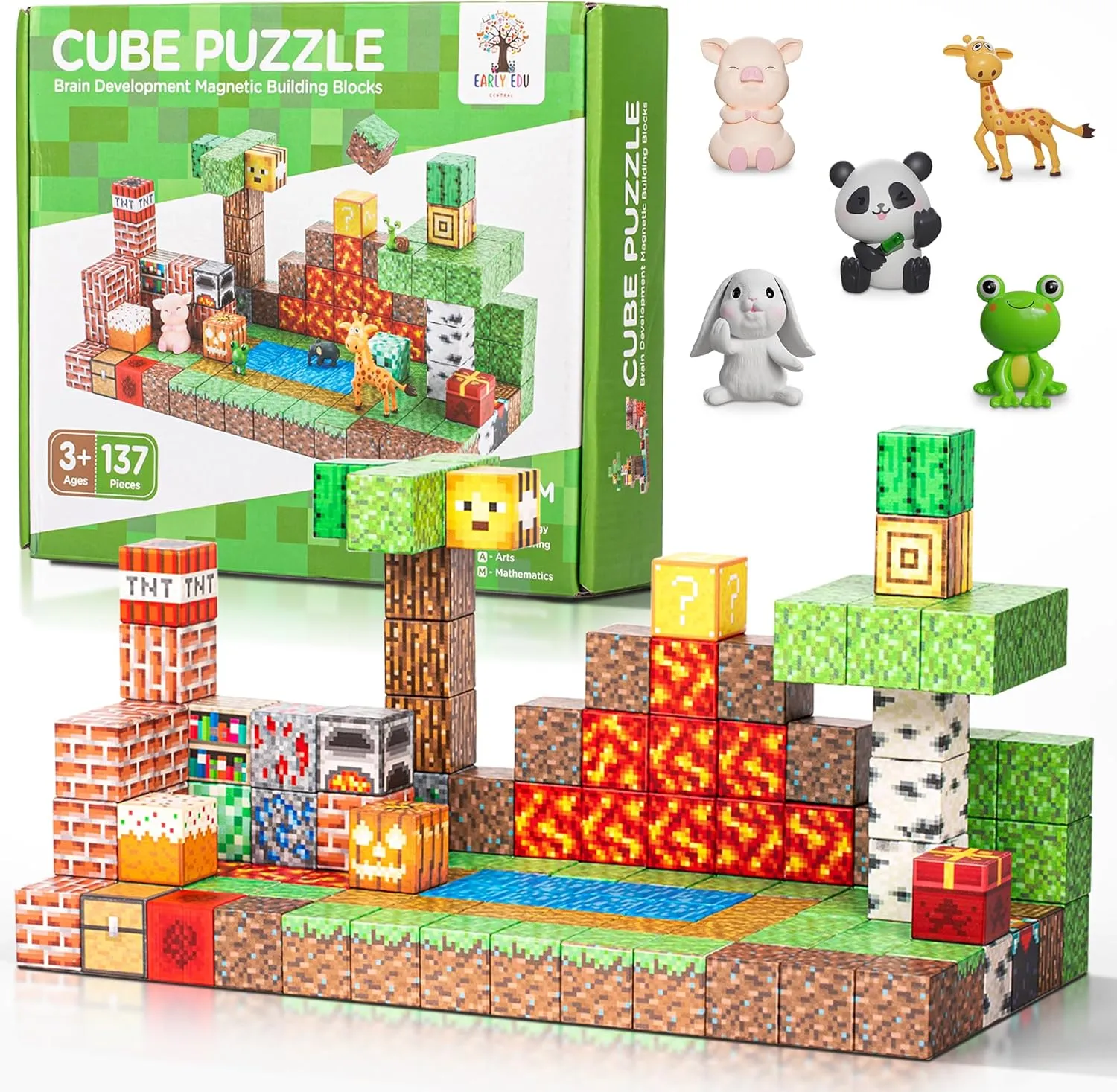 137PCS Magnetic Building Blocks Construction - STEM Magnetic Toys Sensory Set with Animal Figurines & Booklet - 1" Magnet Cube for Boys Girls, Game Based Magnetic Blocks for Kids 3-9