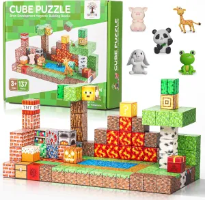 137PCS Magnetic Building Blocks Construction - STEM Magnetic Toys Sensory Set with Animal Figurines & Booklet - 1" Magnet Cube for Boys Girls, Game Based Magnetic Blocks for Kids 3-9