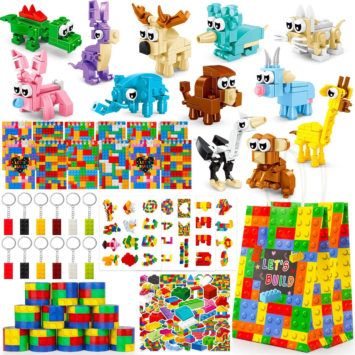 146 Pack Building Blocks Party Favor, Building Blocks Party Supplies Tote Bag Notebook Bracelet Keychain Stamps Stickers for Birthday Party Decoration Gifts Class Reward