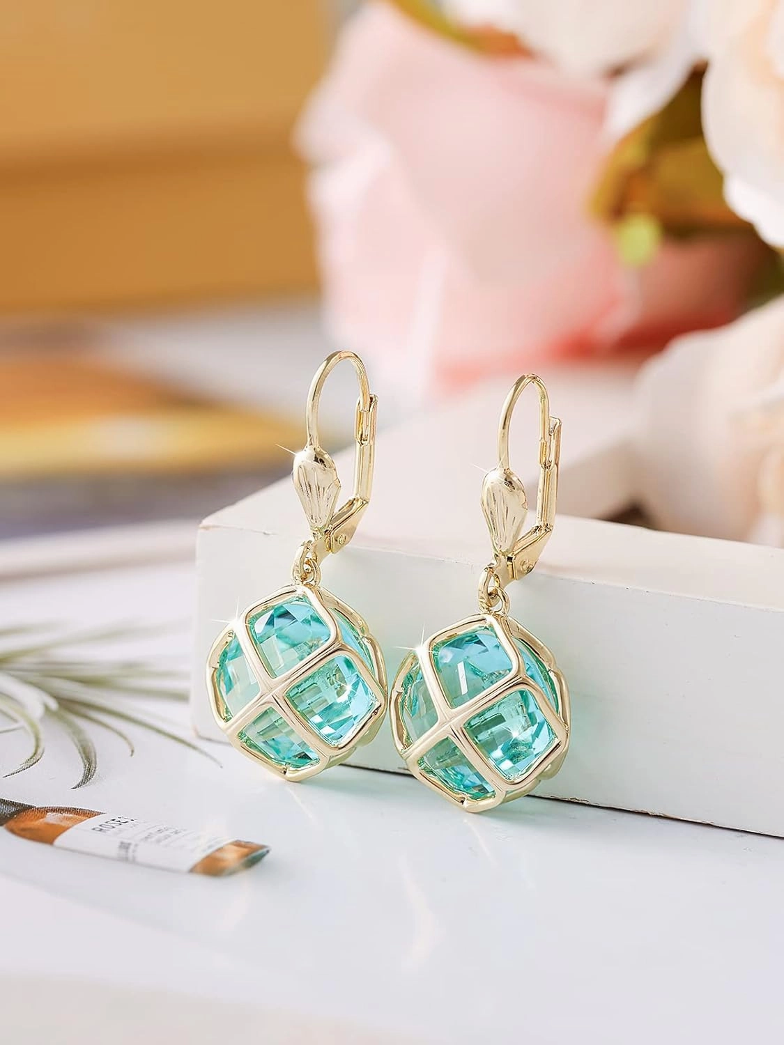 14MM Crystal Pendant Necklace Earrings Sets for Women 14K Glod Plated Jewelry