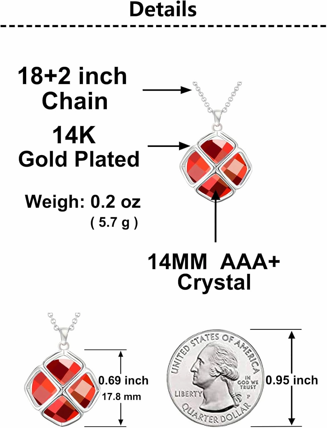 14MM Crystal Pendant Necklace Earrings Sets for Women 14K Glod Plated Jewelry