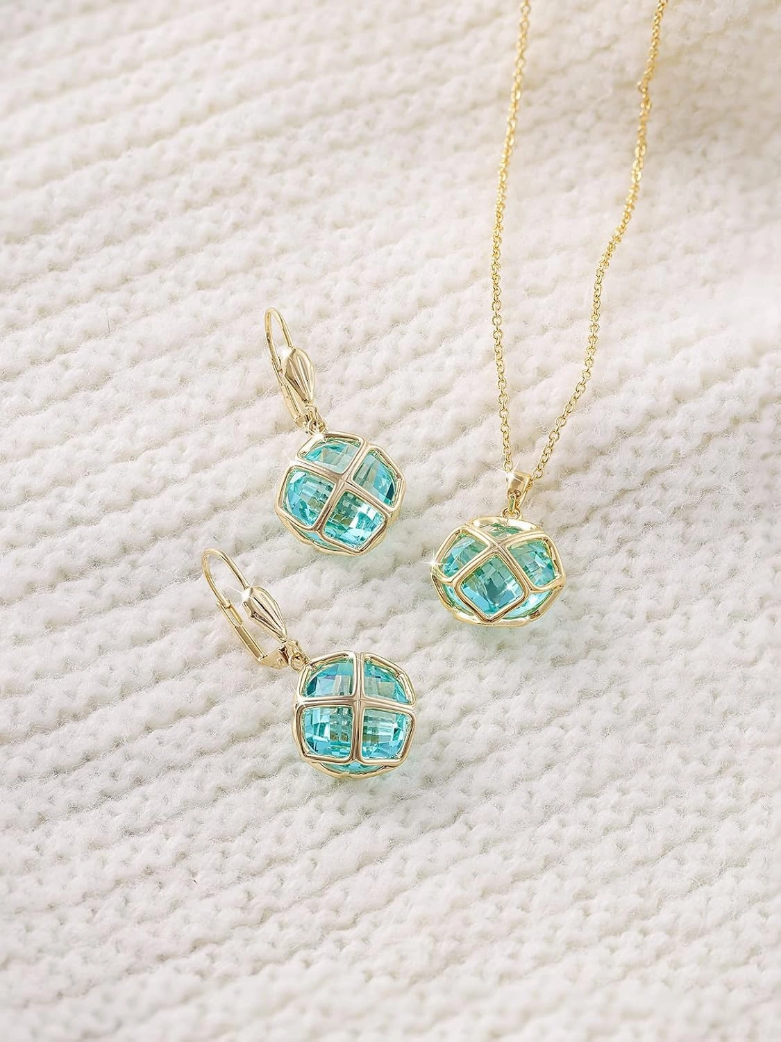 14MM Crystal Pendant Necklace Earrings Sets for Women 14K Glod Plated Jewelry