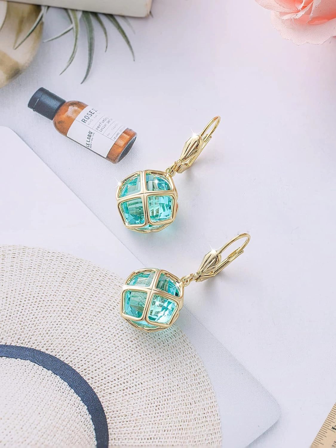 14MM Crystal Pendant Necklace Earrings Sets for Women 14K Glod Plated Jewelry