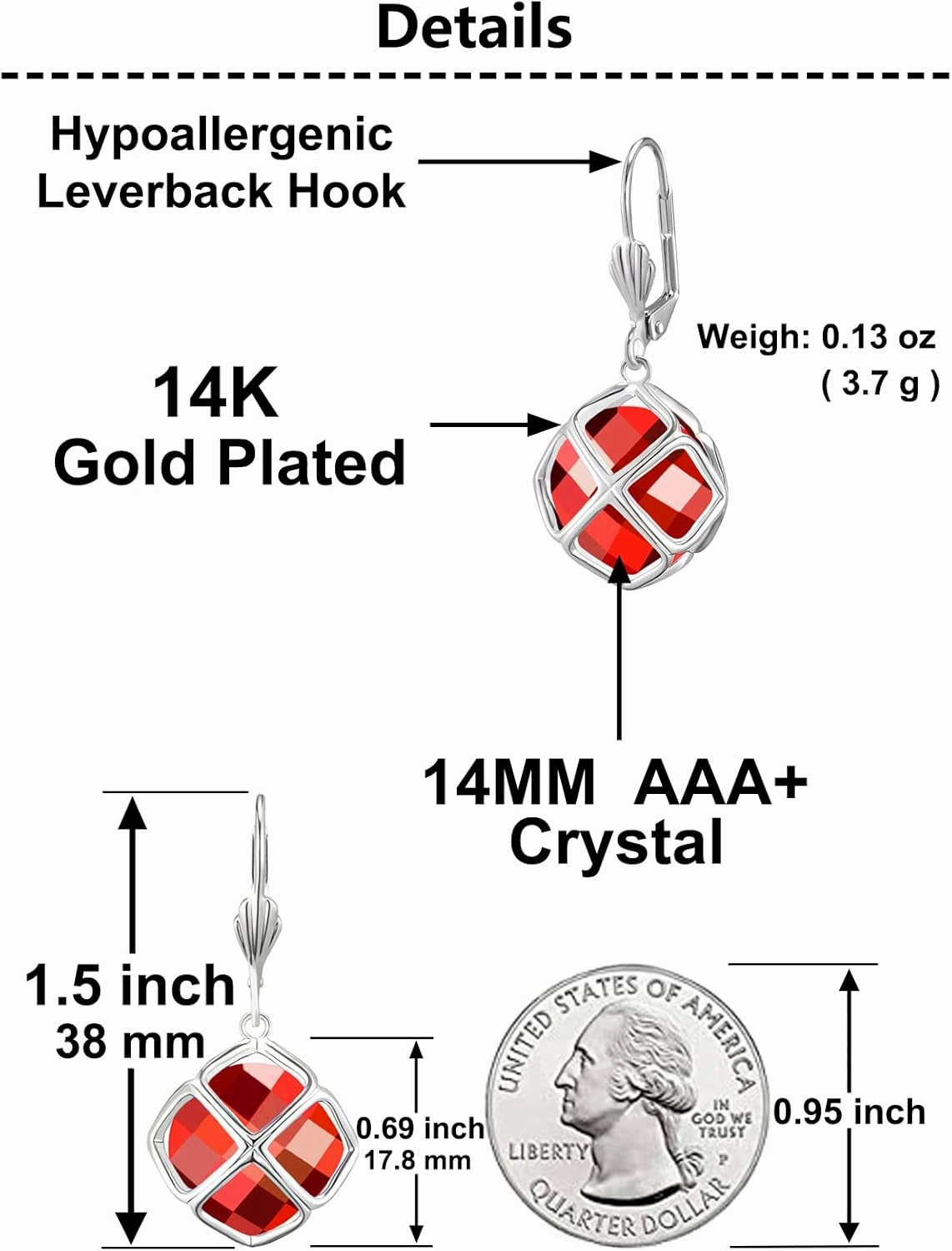 14MM Crystal Pendant Necklace Earrings Sets for Women 14K Glod Plated Jewelry