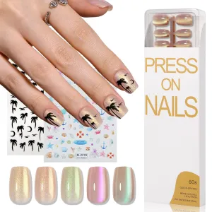 150Pcs Chameleon Glitter Cat Eye Press on Nails Short Square, 5 Color Shimmer Mermaid Pink Blue Purple Holographic Magnetic Gel Nail Tips&Embossed Sea Animal Stickers DIY Nail Art Kit for Women