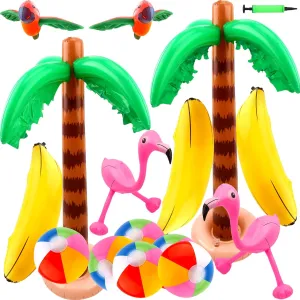 16 Pack Large Inflatable Palm Tree Flamingo Banana Beach Ball Parrot Blow up Beach Pool Toys for Tropical Hawaiian Summer Pool Swim Party Decorations