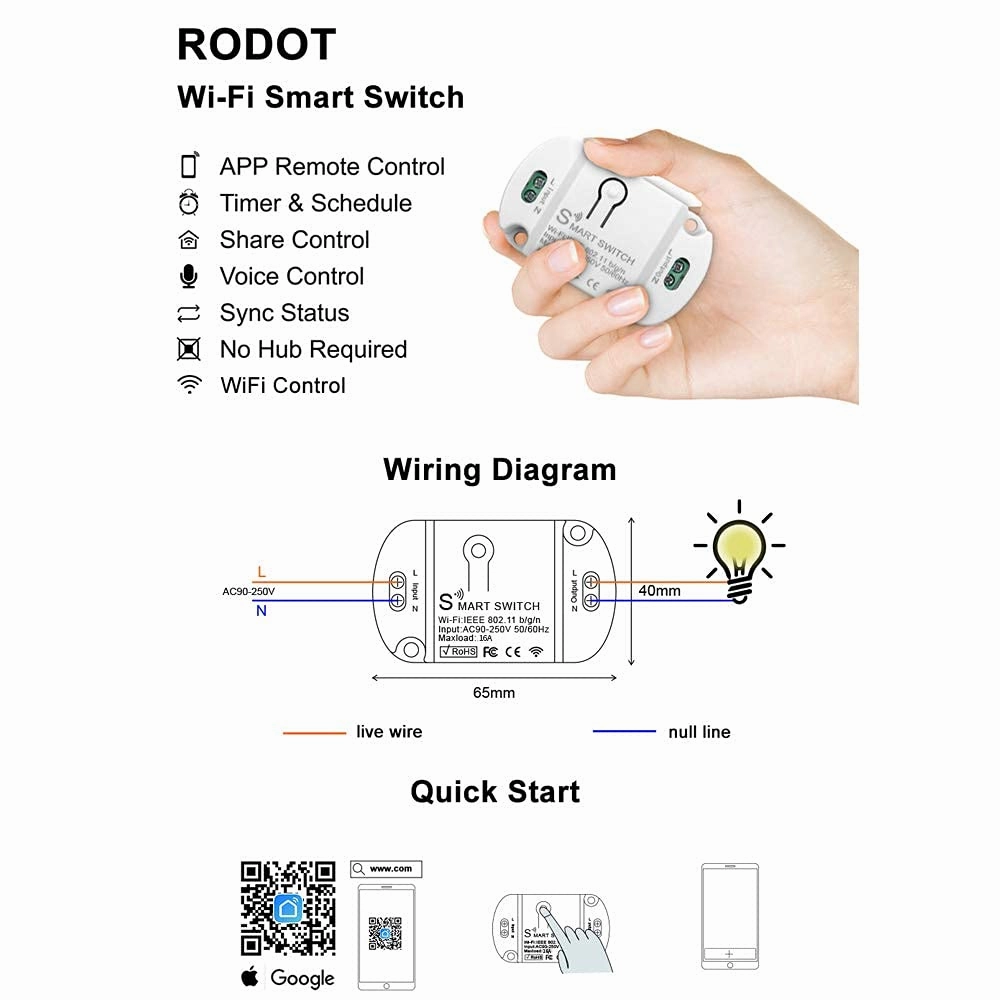 16A Basic Wireless Smart Switch，Wi-Fi Light Switch Compatible with Alexa & Google Home & SmartThings,FCC Certified,No Hub Required Support DIY Module (2 pcs)