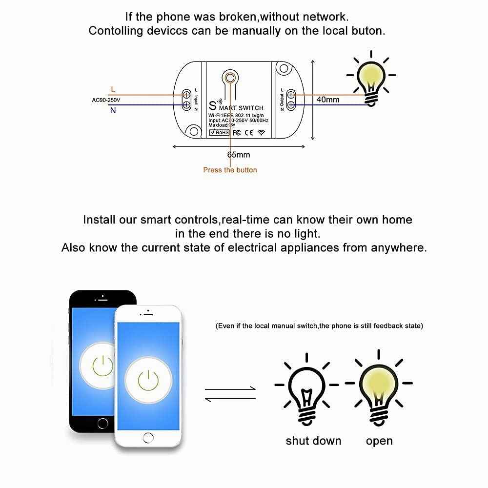 16A Basic Wireless Smart Switch，Wi-Fi Light Switch Compatible with Alexa & Google Home & SmartThings,FCC Certified,No Hub Required Support DIY Module (2 pcs)