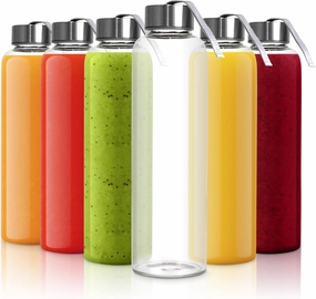18oz Clear Glass Bottles for Juicing - Reusable Smoothie Bottles with Airtight Lids, Glass Straw, and Cleaner - Cold Press Juice and Water Bottles with Wide Mouth - Set of 6