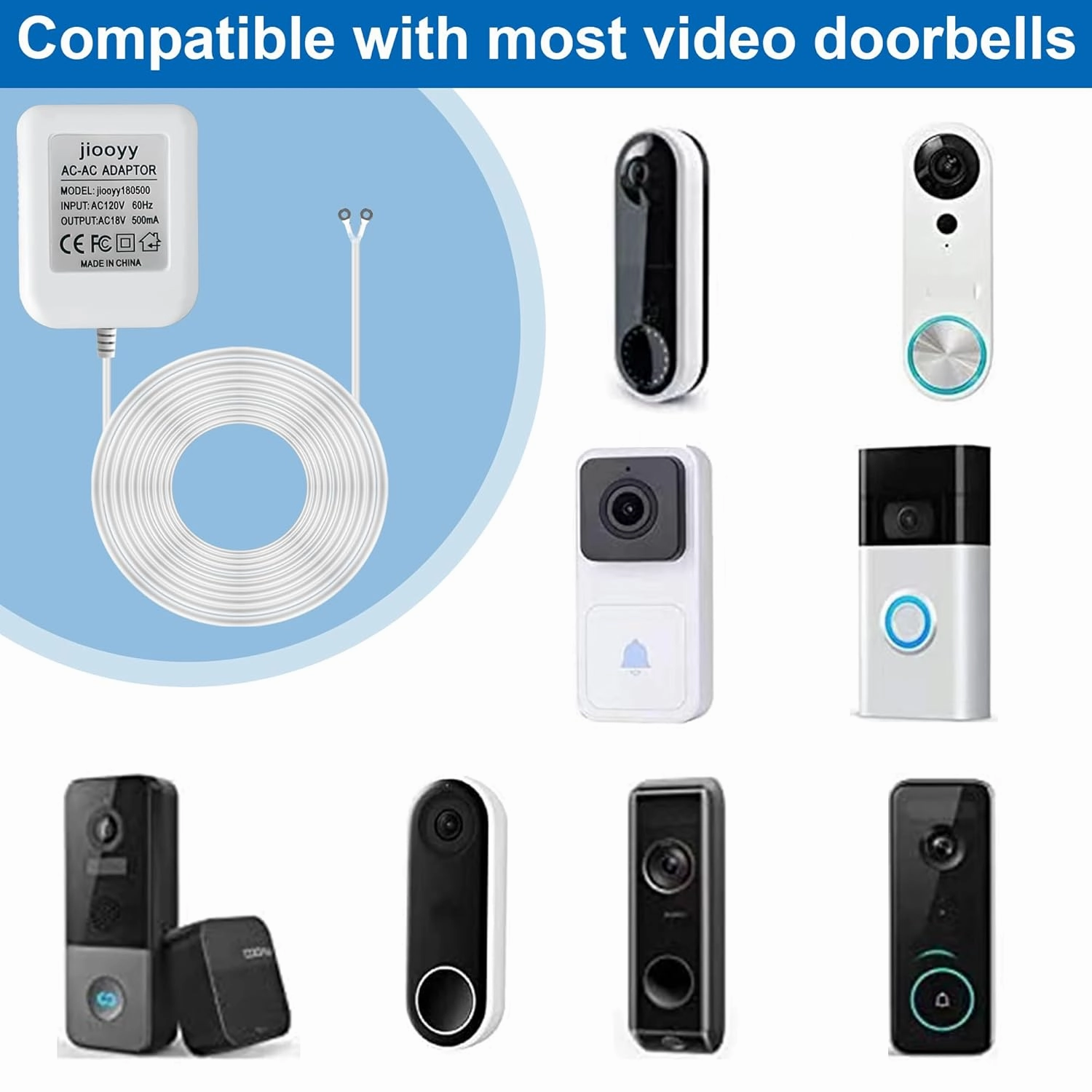 18V500mA Doorbell Transformer - Video Doorbell Power Adapter, for Ring Video Doorbell Pro and Ring Video Doorbell 2, Compatible with Zmodo Smart Doorbell and Nest Hello Doorbell (26.2 ft White)