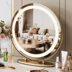 19 Inch Large Vanity Mirror with Lights, 3 Colors Dimmable Round Led Lighted Makeup Mirror for Dressing Room, 360 Degree Rotation with Smart Touch Control, Easy to Assemble(Gold)