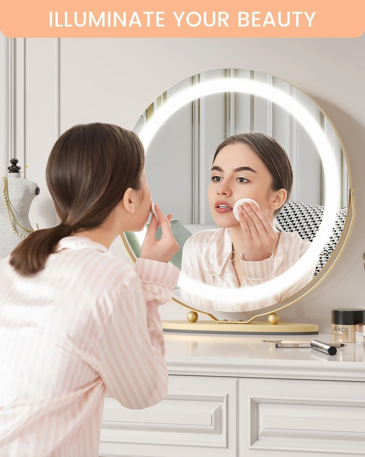 19 Inch Large Vanity Mirror with Lights, 3 Colors Dimmable Round Led Lighted Makeup Mirror for Dressing Room, 360 Degree Rotation with Smart Touch Control, Easy to Assemble(Gold)