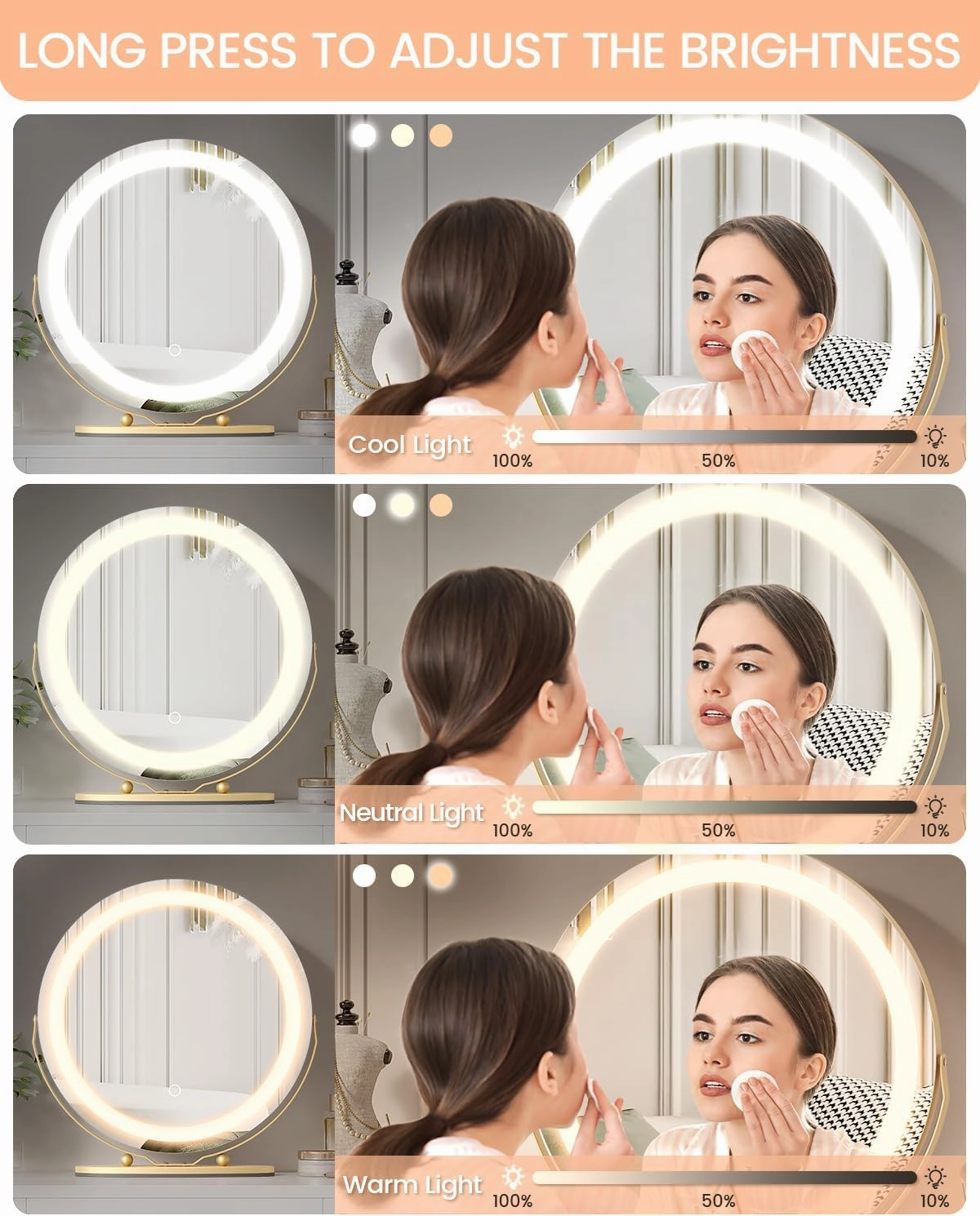 19 Inch Large Vanity Mirror with Lights, 3 Colors Dimmable Round Led Lighted Makeup Mirror for Dressing Room, 360 Degree Rotation with Smart Touch Control, Easy to Assemble(Gold)