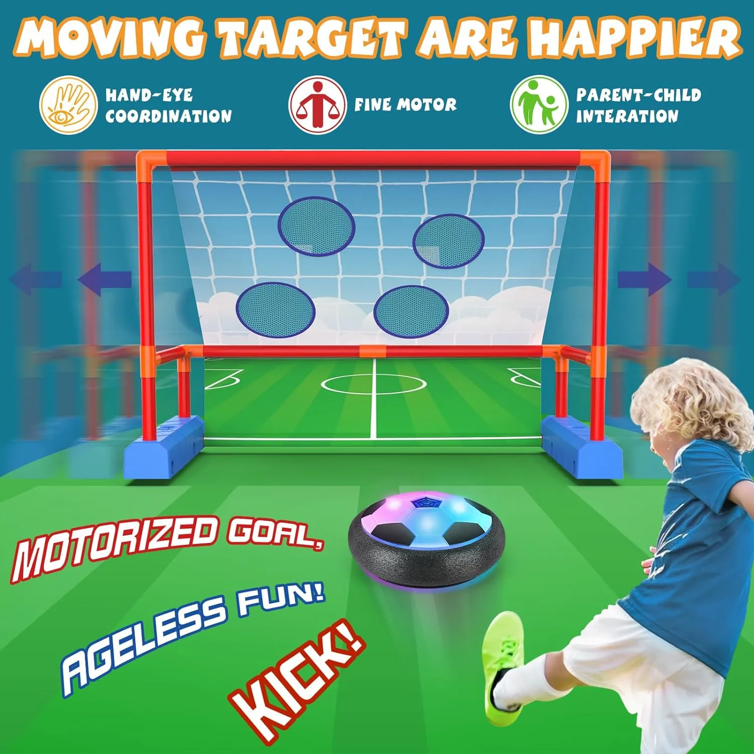 2-in-1 Moving Kick Toss Games for Kids Ages 3-12, Light Up Hover Soccer Ball with Animal Bean Bag Toss, Indoor Outdoor Birthday Toys for 3 4 5 6 7 8 9 10 11 12 Year Old Boys Girls