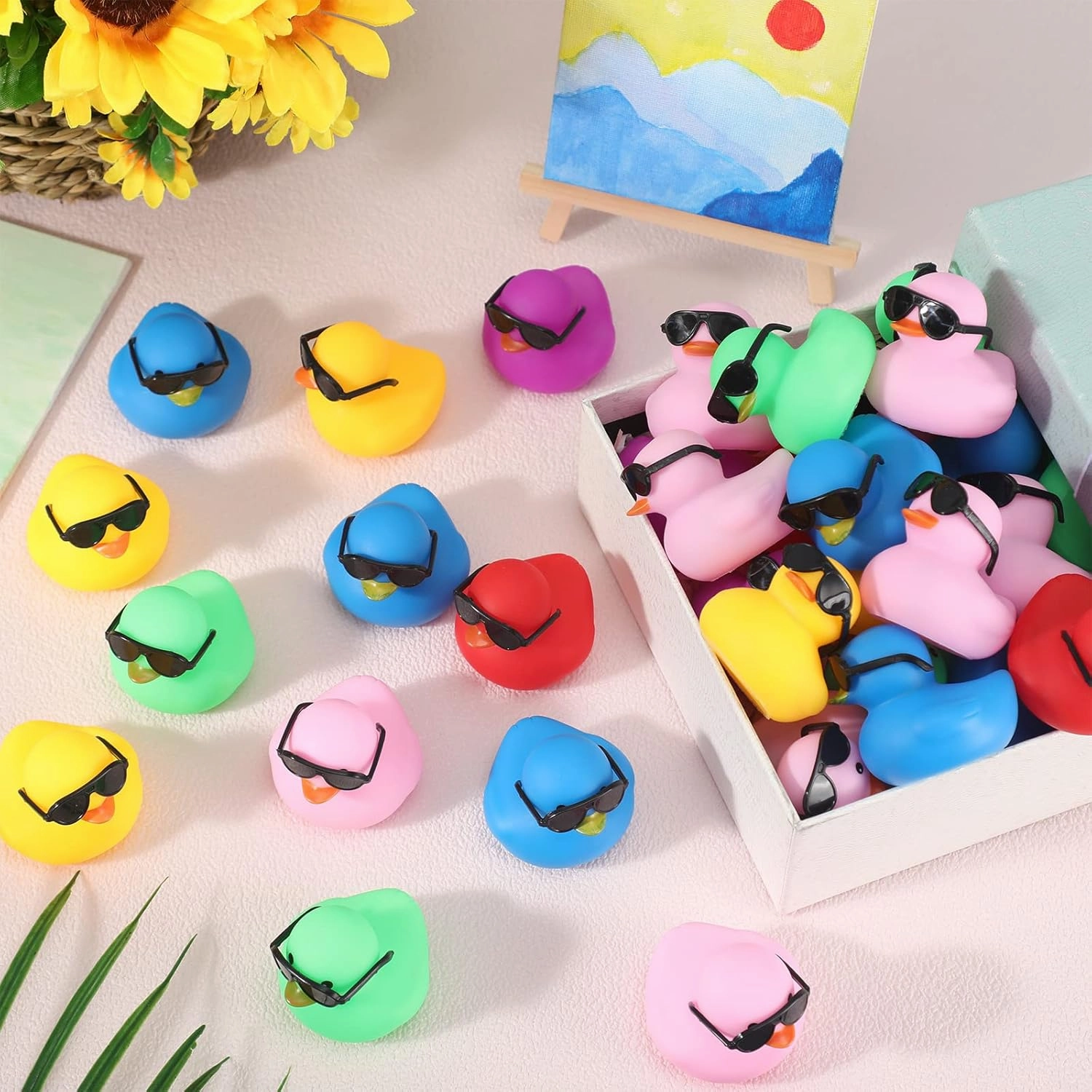 200 Pcs Mini Rubber Ducks with Sunglasses, Bulk Mini Tiny Ducks Bath Toys Float Squeak Bathtub Duckies Cruise Baby Shower Birthday Party (Colorful)