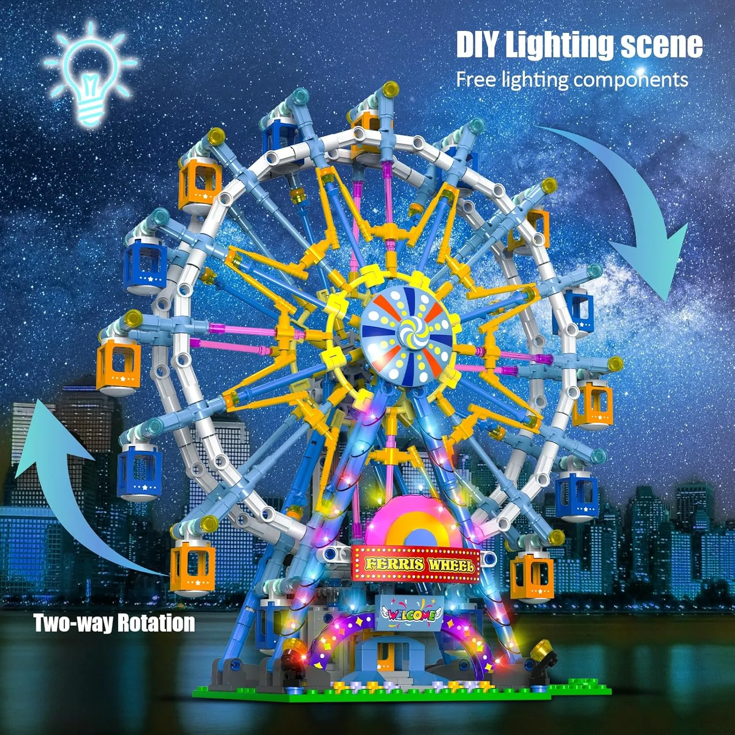 2025 Newly Upgrade Ferris Wheel Building Set with Fairy Light, Two-Way Rotating Ferris Wheel Building Blocks Set of 813 PCS, Amusement Park Model Kit for Kids Ages 8 , Ideas Gift for Boys and Girls