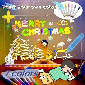 2025new LED Color Note Board Luminous Acrylic Message Board Dry Erase Board with Adjustable Bracket 7-Color Pen LED Illuminated Drawing Board Suitable for Office School Home Christmas (5.9 * 5.9in)